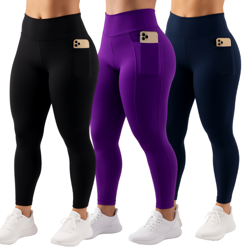 Kit 3 Calça Legging Feminina com Bolso Lateral Fitness Esportiva ideal guardar objetos