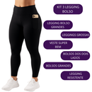 Kit 3 Calça Legging Feminina com Bolso Lateral Fitness Esportiva ideal guardar objetos