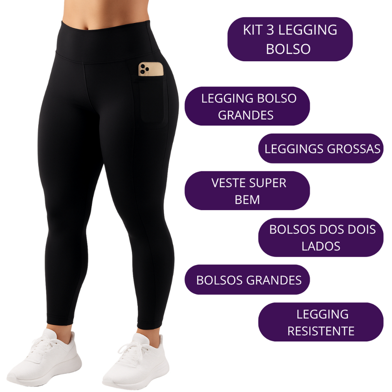 Kit 3 Calça Legging Feminina com Bolso Lateral Fitness Esportiva ideal guardar objetos