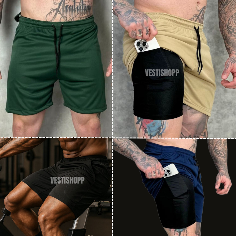 Kit 4 Shorts Masculino Academia 2 em 1 Treino Esporte Fitness Com Elastano